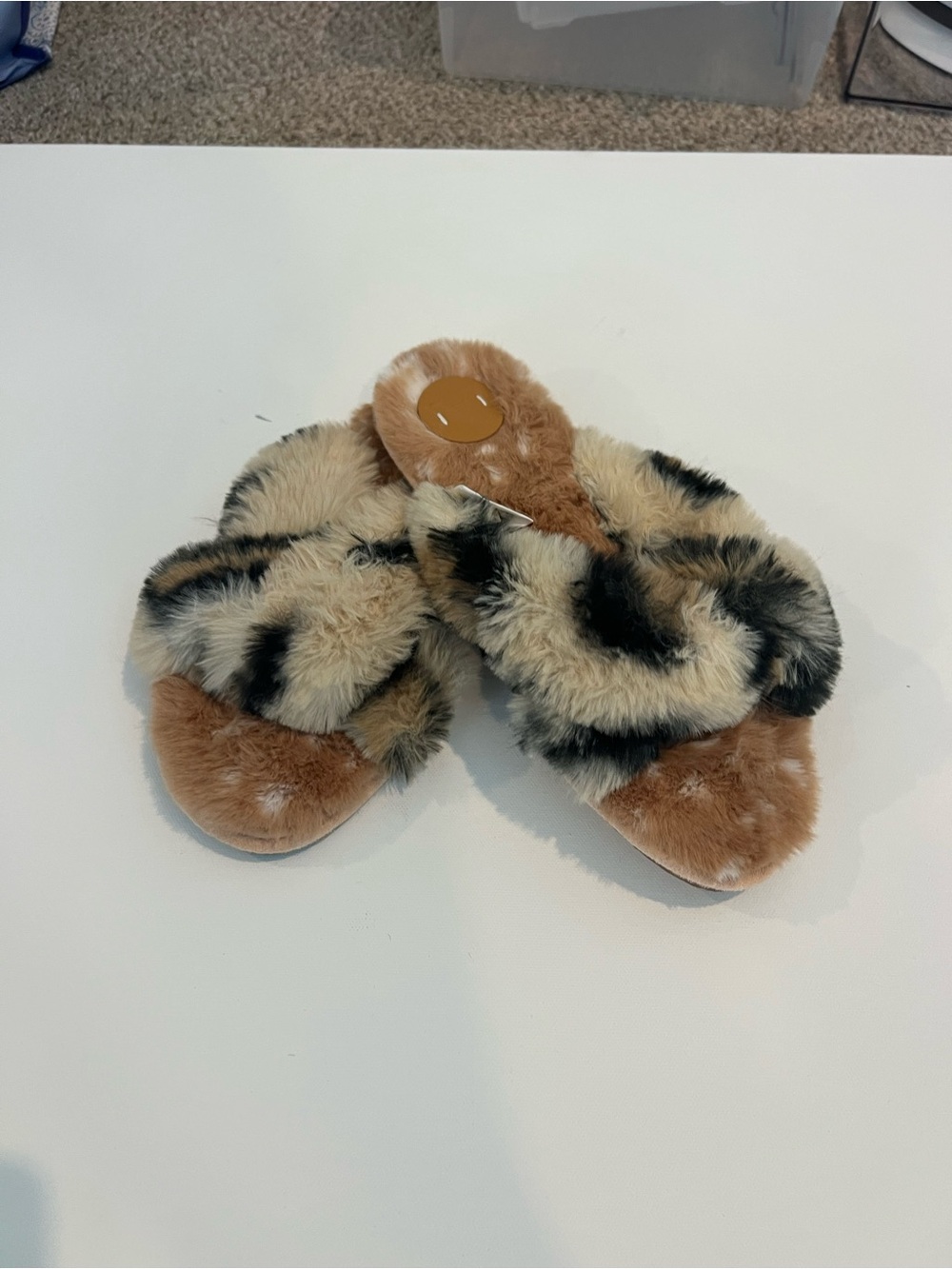 Anthropologie Faux Fur Crisscross Slippers in Tan, Cream, Black